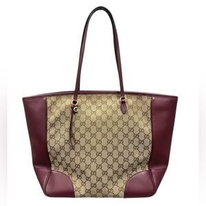 Gucci Burgundy Leather & GG Supreme Beige Canvas Bree Tote Bag Auth